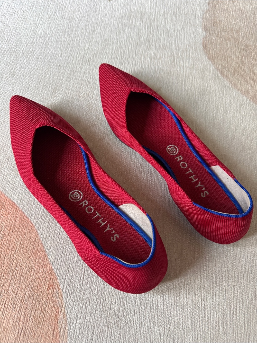 Rothy's Women’s Red Pointed-Toe Knit Flats with Blue Trim